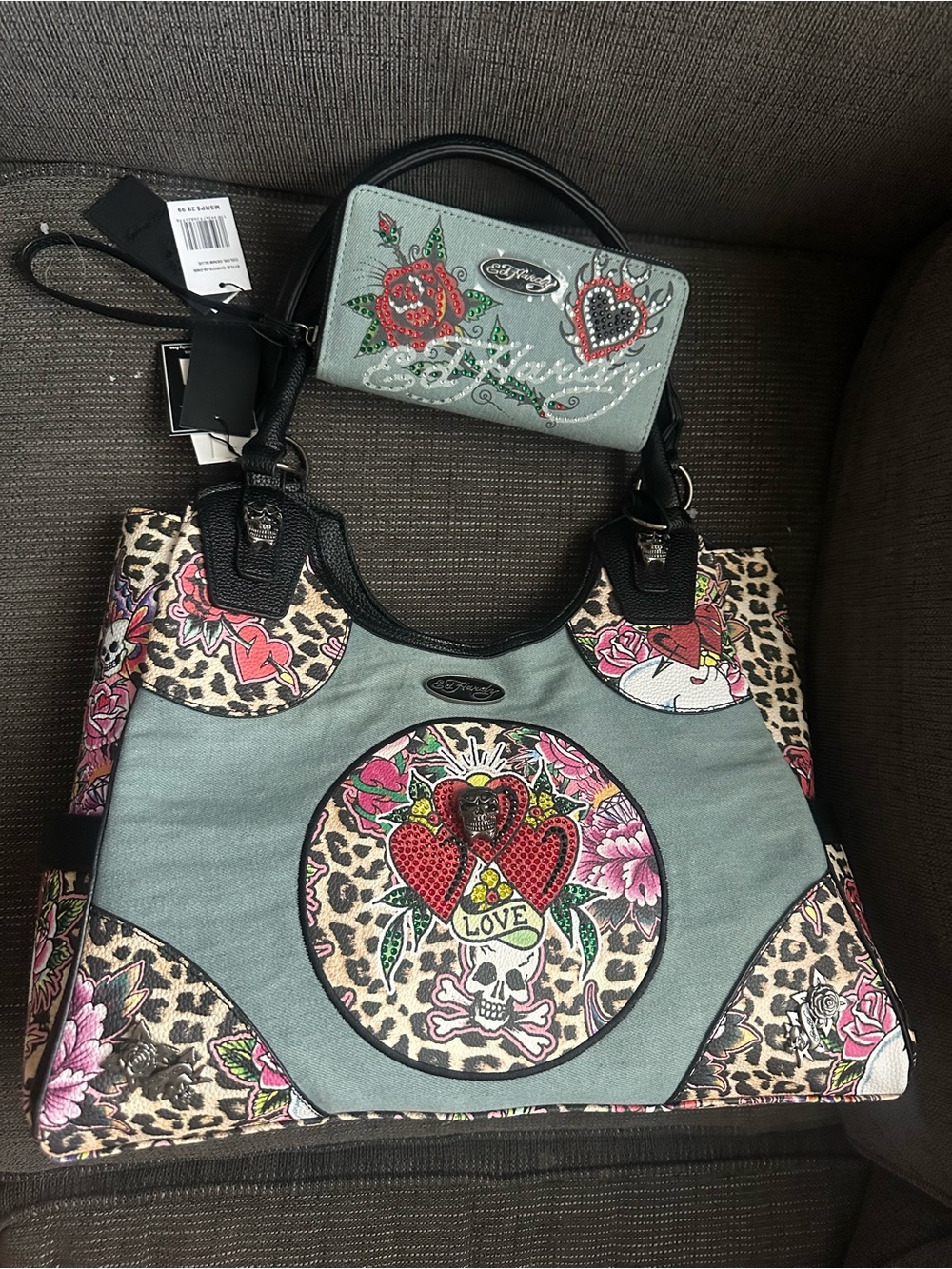 Ed Hardy denim cheetah Tote and Wristlet with Leopard, Rose & Heart Embroidery
